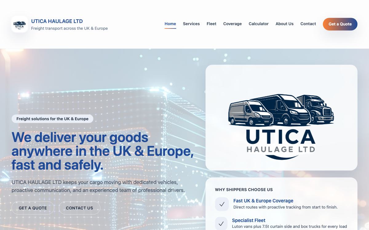 Captură de ecran a site-ului Utica Haulage realizat de iDigital